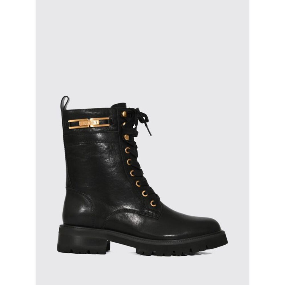 Twinset Women Leather Combat Boots Twinset With Lug Sole And Side Zip Closure